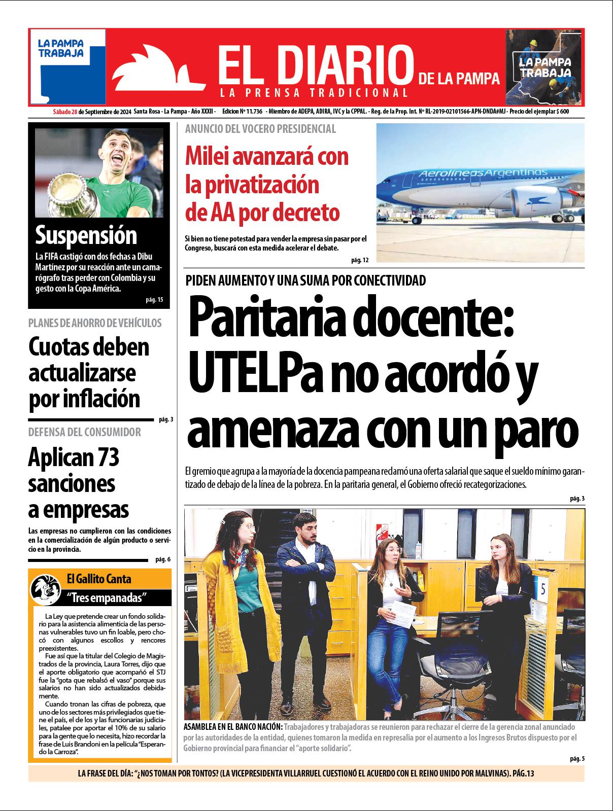 Tapa de El Diario en papel  saacutebado 28 de septiembre de 2024